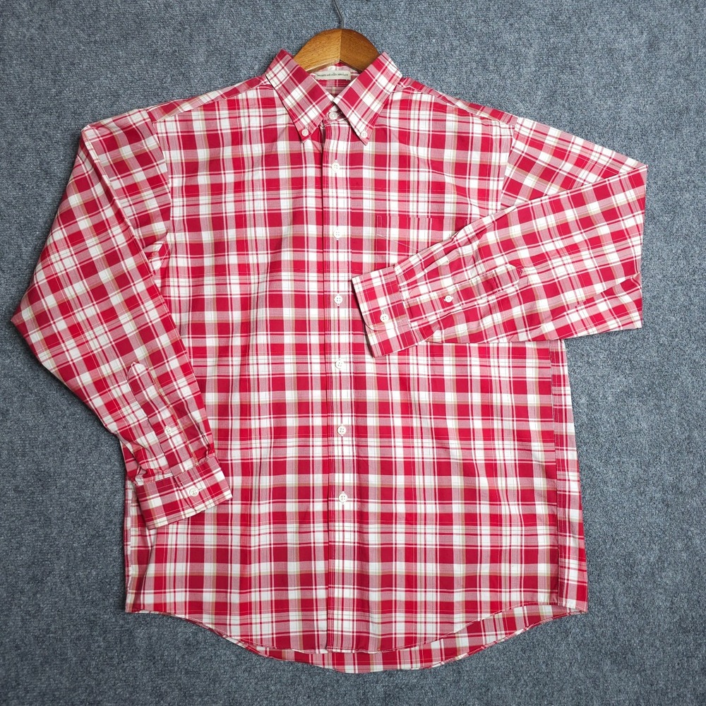 L.L. Bean Button Down Shirt Mens Medium Red Plaid Regular Fit Long Sleeve Preppy - Picture 2 of 8